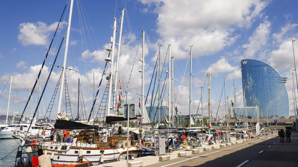 Some of the 20 ships hoisting the Palestinian flag dock in the port in Barcelona, Spain, on Sept. 1, 2025. The Global Sumud Flotilla was intercepted by Israeli forces on Thursday near the Greek island of Crete. File Photo by Quique Garcia/EPA