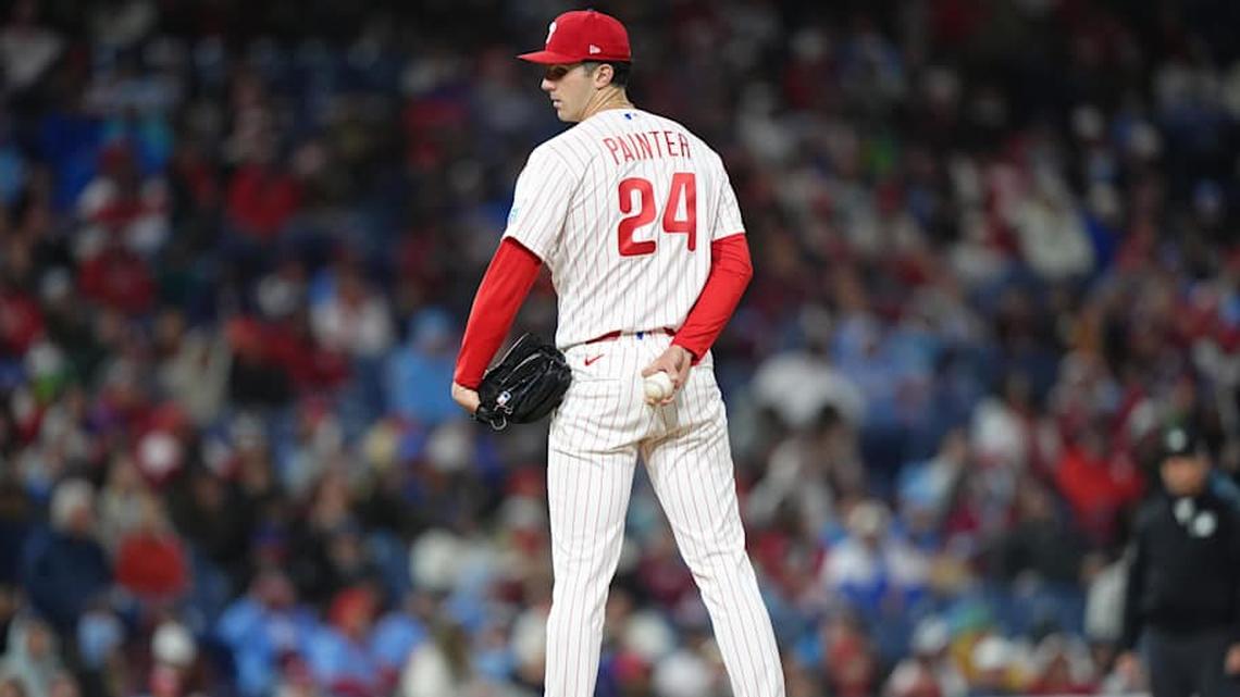  Apr 19, 2026; Philadelphia, Pennsylvania, USA; Philadelphia Phillies starting pitcher Andrew Painter (24) checks a runner against the Atlanta Braves in the fourth inning at Citizens Bank Park. | Kyle Ross-Imagn Images 