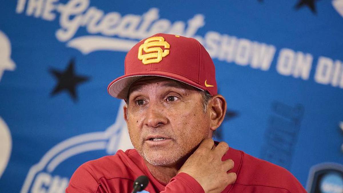  May 31, 2025; Corvallis, OR, USA; USC head coach Andy Stankiewicz takes questions after a game against Saint Mary's at the NCAA Corvallis Regional at Goss Stadium. Mandatory Credit: Troy Wayrynen-Imagn Images | Troy Wayrynen-Imagn Images 