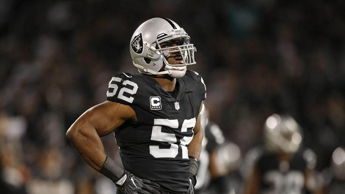  Dec 17, 2017; Oakland, CA, USA; Oakland Raiders defensive end Khalil Mack (52) stands on the field during a break in the action against the Dallas Cowboys in the second quarter at Oakland Coliseum. Mandatory Credit: Cary Edmondson-Imagn Images | Cary Edmondson-Imagn Images 