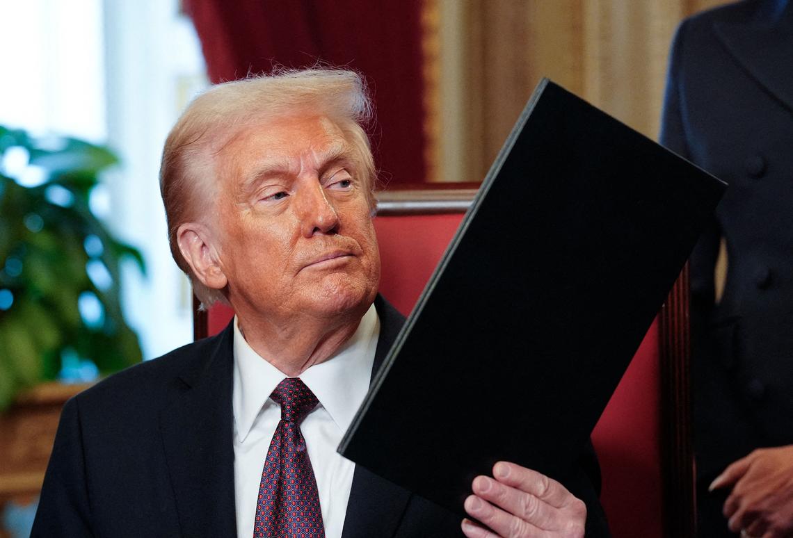 Newly sworn-in President Donald Trump takes part in a signing ceremony in the President’s Room following the 60th inaugural ceremony on Monday, Jan. 20, 2025, at the U.S. Capitol in Washington.