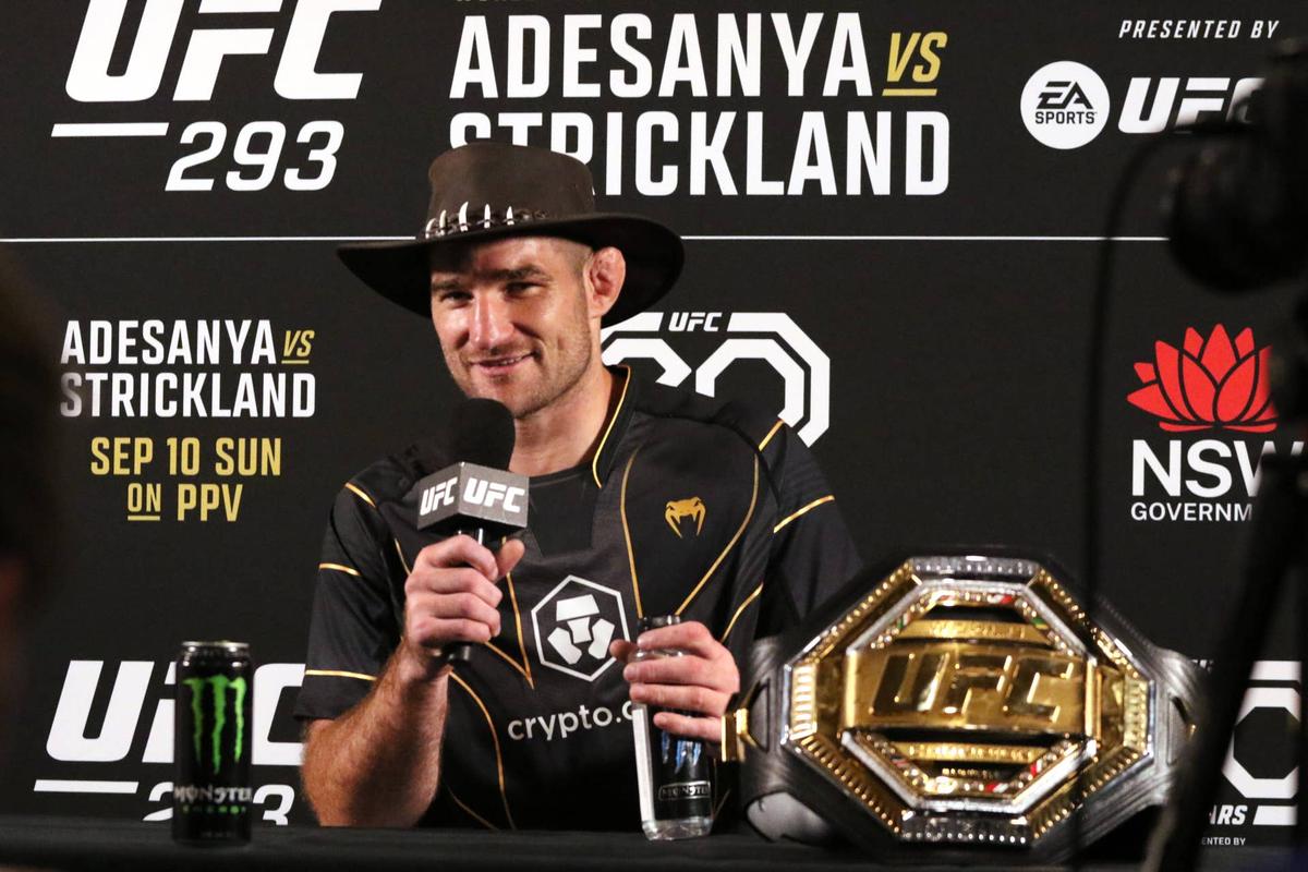  Sep 9, 2023; Sydney, NSW, AUSTRALIA; Sean Strickland speaks at a press conference after defeating Israel Adesanya (not pictured) during UFC 293 at Qudos Bank Arena. Mandatory Credit: Jasmin Frank-USA TODAY Sports 