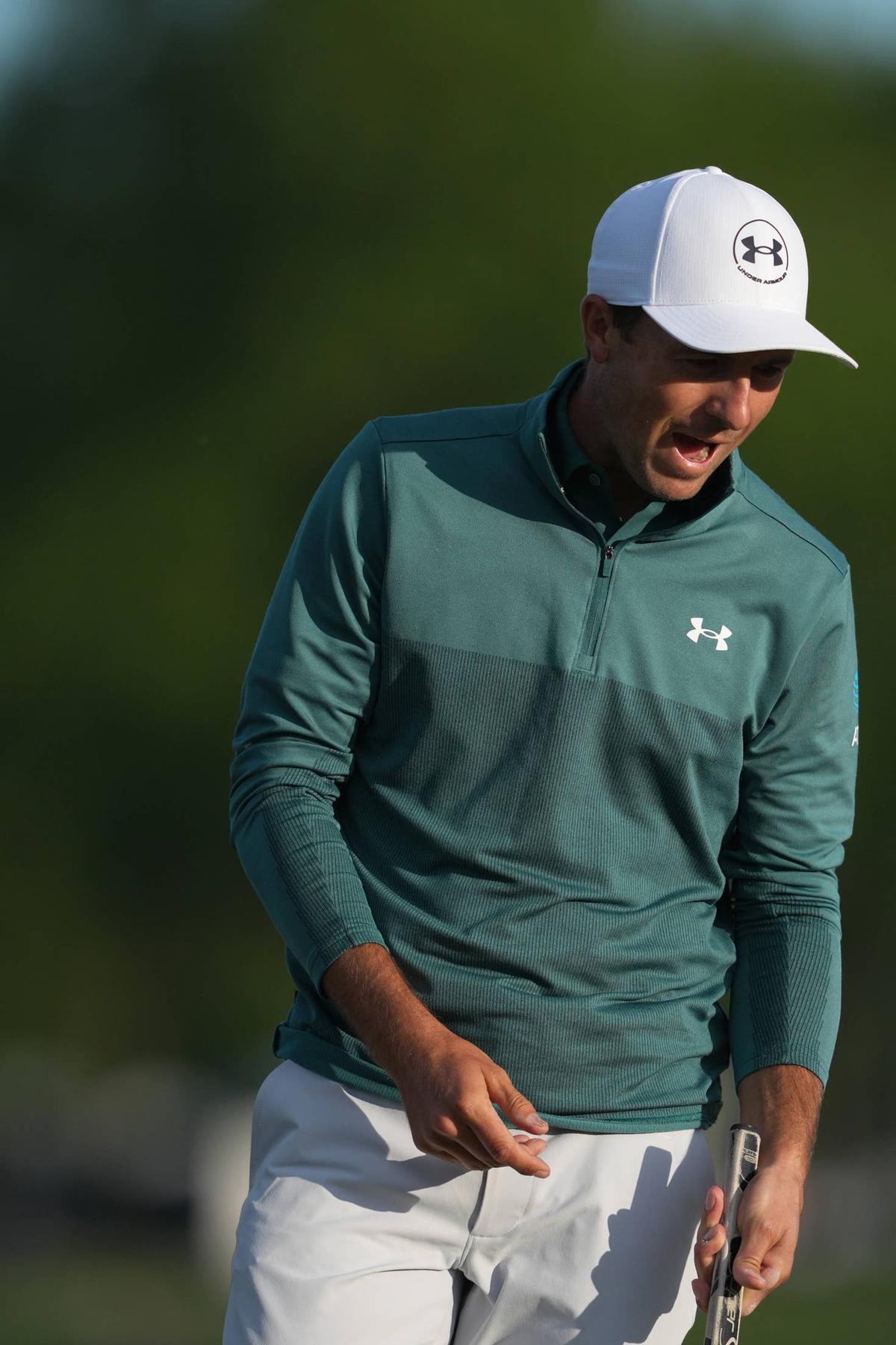  May 15, 2026; Newtown Square, Pennsylvania, USA; Jordan Spieth reacts to a missed putt on the 16th hole during the second round of the PGA Championship golf tournament. Mandatory Credit: James Lang-Imagn Images