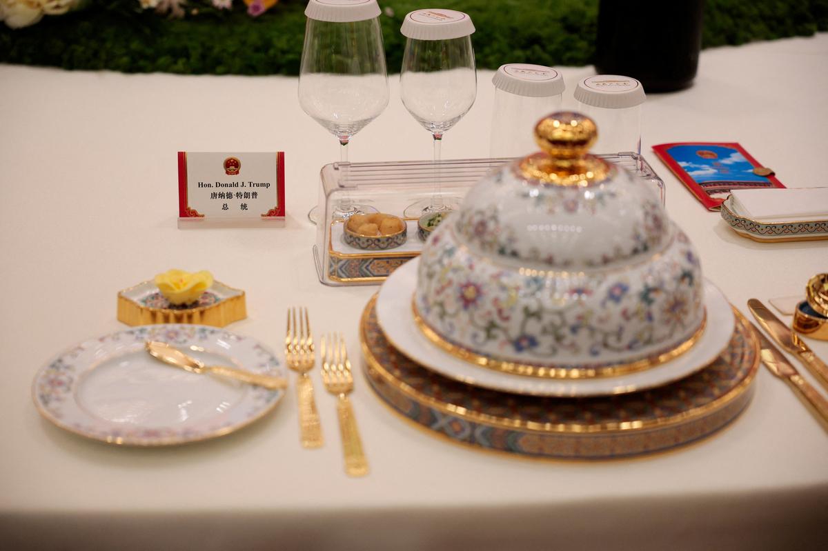 A label at the seat for U.S. President Donald Trump ahead of a state banquet with Chinese President Xi Jinping at the Great Hall of the People in Beijing, China, May 14, 2026. REUTERS/Evan Vucci