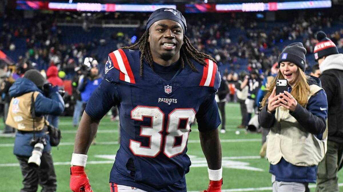  Jan 11, 2026; Foxborough, MA, USA; New England Patriots running back Rhamondre Stevenson (38) jogs off the field after defeating the Los Angeles Chargers in an AFC Wild Card Round game at Gillette Stadium. Mandatory Credit: Eric Canha-Imagn Images | Eric Canha-Imagn Images 