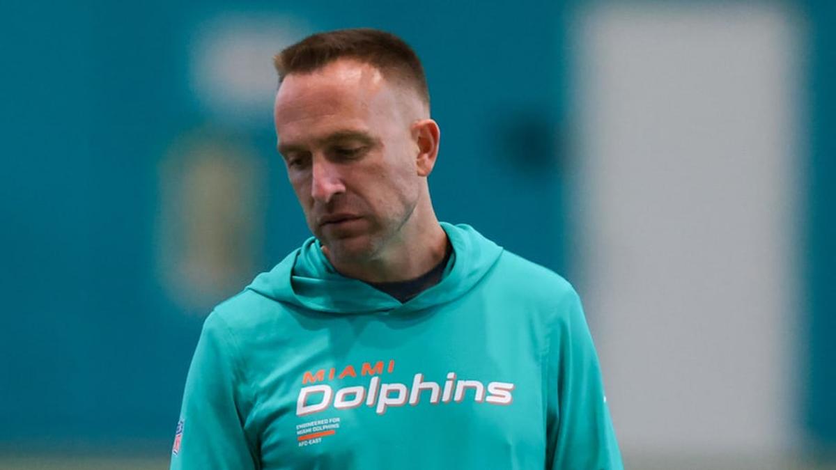  May 8, 2026; Miami Gardens, FL, USA; Miami Dolphins head coach Jeff Hafley speaks to tight end Seydou Traore (49) during rookie minicamp at Baptist Health Training Complex. Mandatory Credit: Sam Navarro-Imagn Images | Sam Navarro-Imagn Images 