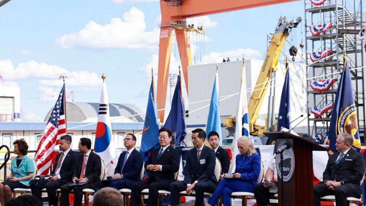South Korean President Lee Jae Myung (5-L) attends a christening ceremony for the State of Maine, a National Security Multi-mission Vessel, that South Korean shipbuilder Hanwha Ocean has built for the US Maritime Administration, at Hanwha Philly Shipyard in Philadelphia, Pennsylvania, USA. Photo by YONHAP / EPA
