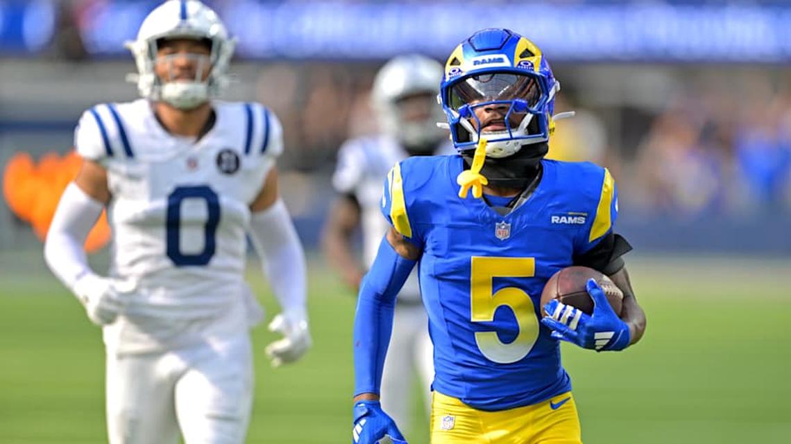  Sep 28, 2025; Inglewood, California, USA; Los Angeles Rams wide receiver Tutu Atwell (5) runs for a touchdown on an 88 yard pass play in the fourth quarter against the Indianapolis Colts at SoFi Stadium. Mandatory Credit: Jayne Kamin-Oncea-Imagn Images | Jayne Kamin-Oncea-Imagn Images 