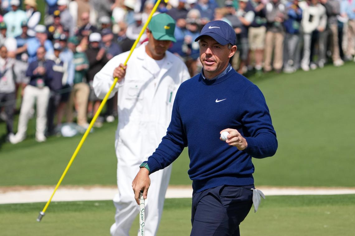  Apr 9, 2026; Augusta, Georgia, USA; Rory McIlroy reacts after a putt on the second green during the first round of the Masters Tournament at Augusta National Golf Club. Mandatory Credit: Michael Madrid-Imagn Images 
