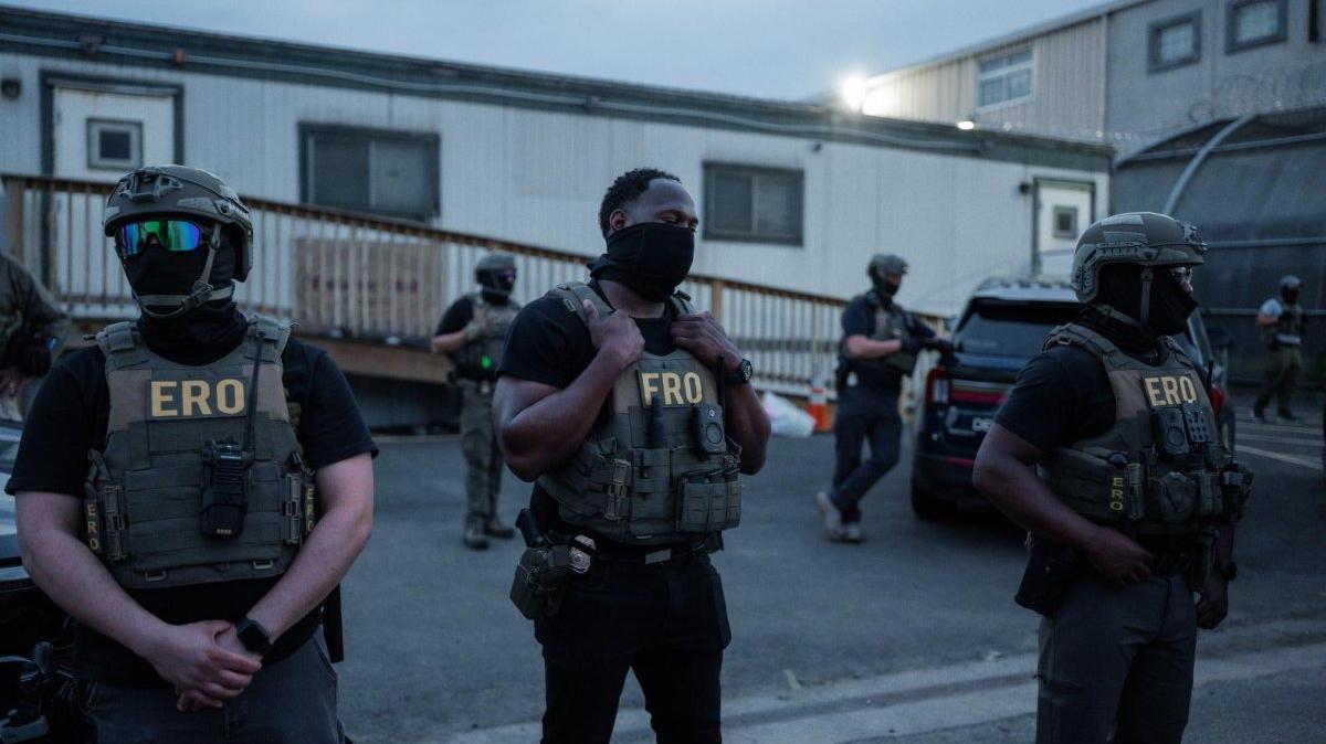 Immigration and Customs Enforcement agents wait during a protest against the treatment of detainees at the Delaney Hall Detention Facility in Newark, New Jersey, earlier this week. File Photo by Olga Fedorova/EPA