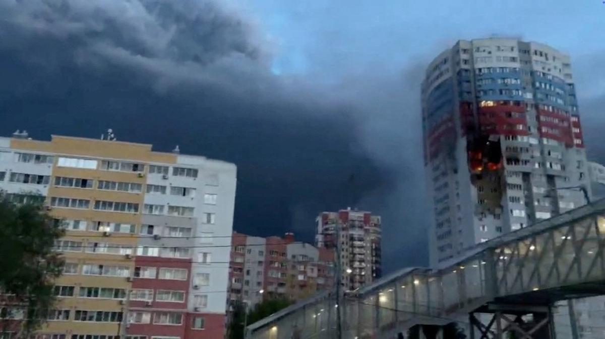 A plume of smoke rises next to a burning building, following a Ukrainian drone attack, amid the Russia-Ukraine conflict, in Ryazan, Ryazan region, Russia, May 15, 2026, in this screen grab obtained from a social media video. Social Media/via REUTERS