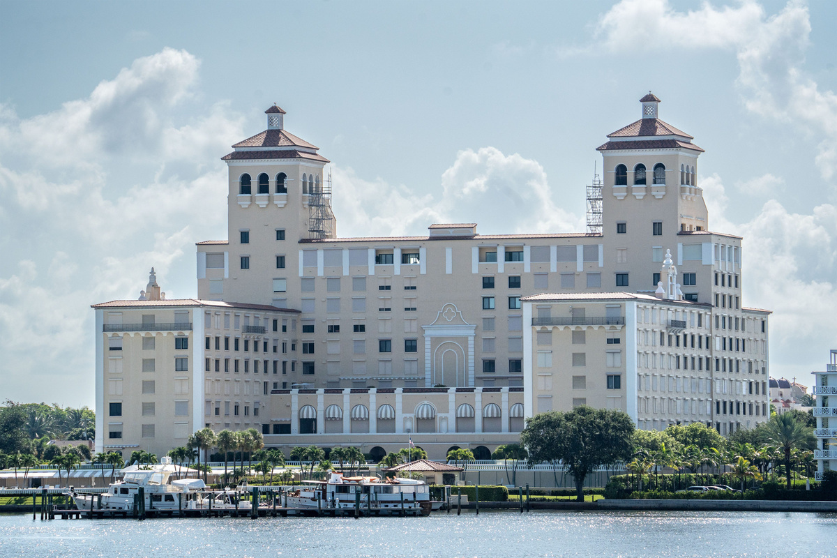 The west side of the landmarked Palm Beach Biltmore condominium building at 150 Bradley Place faces the Intracoastal Waterway.