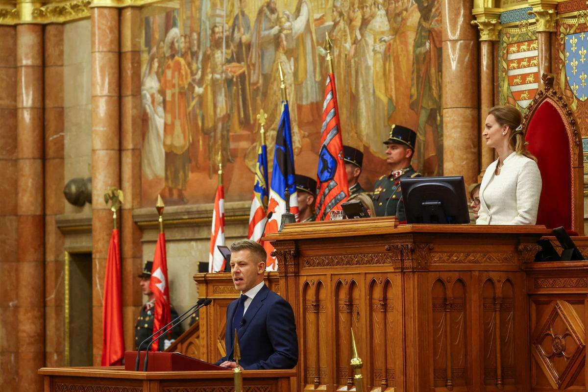 Peter Magyar delivers a speech after becoming Hungary's new Prime Minister, at the Parliament in Budapest, Hungary, May 9, 2026. REUTERS/Bernadett Szabo