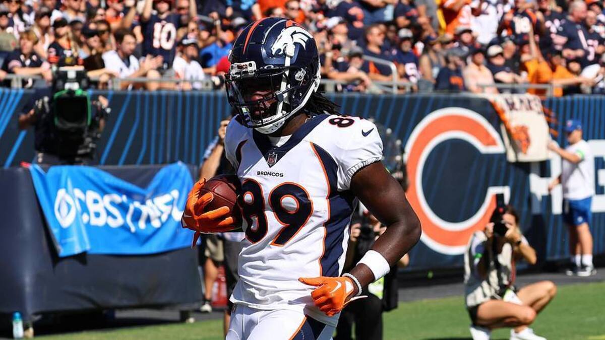  Oct 1, 2023; Chicago, Illinois, USA; Denver Broncos wide receiver Brandon Johnson (89) makes a touchdown catch against the Chicago Bears during the second half at Soldier Field. Mandatory Credit: Mike Dinovo-Imagn Images | Mike Dinovo-Imagn Images 