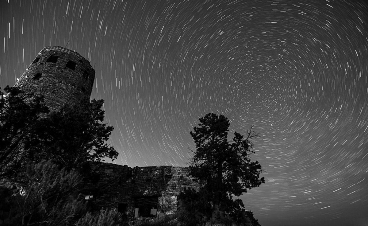  Stars swirl around the North Star above the Desert View Watchtower in the Grand Canyon. NPS Photo by Dan Pawlak 