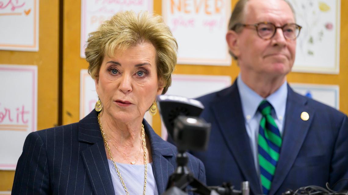 U.S. Secretary of Education Linda McMahon, left, speaks during a press conference about President Donald Trump's Education Freedom Tax Credit alongside state Rep. Tim Kelly (R-Saginaw Township), right, on Friday, March 27, 2026, at Hamtramck Academy in Hamtramck, Mich. (Katy Kildee/The Detroit News/TNS)