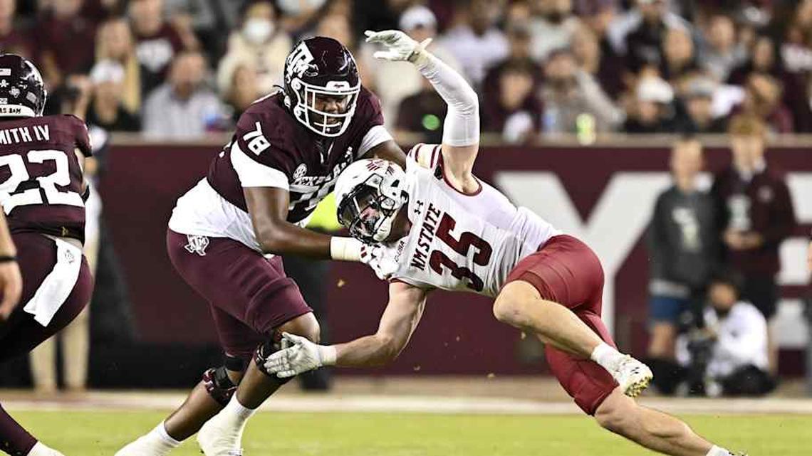  Nov 16, 2024; College Station, Texas, USA; New Mexico State Aggies linebacker Tyler Martinez (35) defends in coverage as Texas A&M Aggies offensive lineman Dametrious Crownover (78) blocks during the second half at Kyle Field. Mandatory Credit: Maria Lysaker-Imagn Images | Maria Lysaker-Imagn Images 