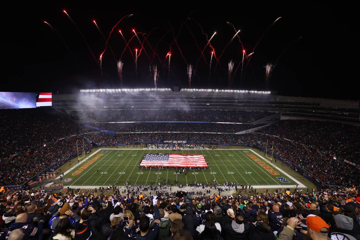  CHICAGO, ILLINOIS - DECEMBER 26: A general view of the inside of the stadium during the national anthem prior to the game between the Seattle Seahawks and the Chicago Bears at Soldier Field on December 26, 2024 in Chicago, Illinois. (Photo by Michael Reaves/Getty Images) 