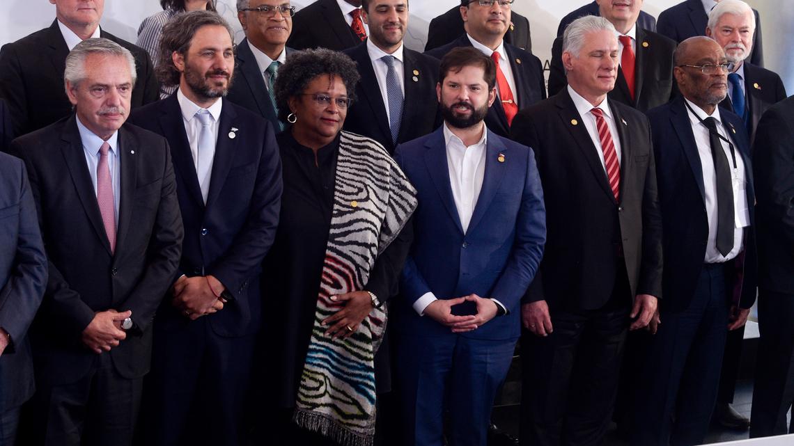 From left to right in the front, Argentina President Alberto Fernández; Argentina’s minister of foreign affairs, Santiago Cafiero; Prime Minister of Barbados Mia Mottley; Chile President Gabriel Boric; Cuba’s leader, Miguel Díaz-Canel and Haitian Prime Minister Ariel Henry, with other foreign leaders, during the Summit of the Community of Latin American and Caribbean States (CELAC) in Buenos Aires, Argentina, on Tuesday.