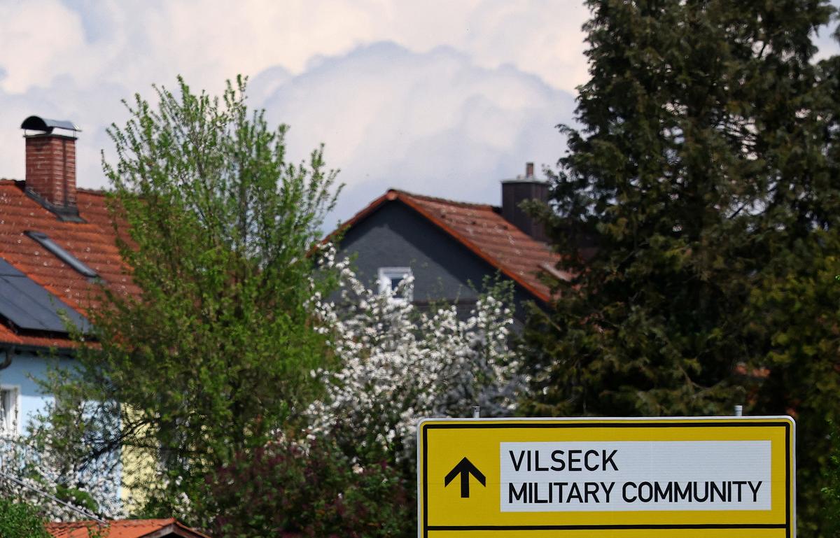 A street sign points the direction towards Vilseck military community in Vilseck, Germany, May 5, 2026. REUTERS/Lisi Niesner