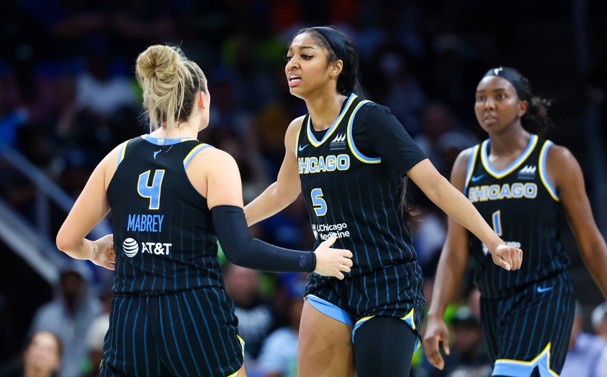  Former Chicago Sky forward Angel Reese (5) celebrates with former Chicago Sky guard Marina Mabrey (4). Kevin Jairaj-USA TODAY Sports 