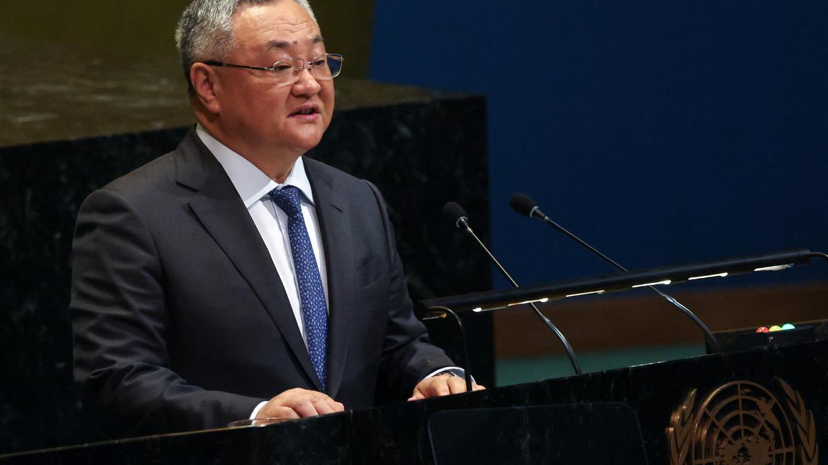 China's ambassador to the United Nations (UN) Fu Cong addresses the UN General Assembly on the failure of the Security Council to pass a proposed Strait of Hormuz resolution, at the UN headquarters in New York City, U.S., April 16, 2026. REUTERS/Shannon Stapleton