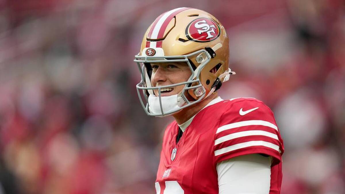 Dec 14, 2025; Santa Clara, California, USA;  San Francisco 49ers quarterback Mac Jones (10) warms up prior to the first half against the Tennessee Titans at Levi's Stadium. Mandatory Credit: Cary Edmondson-Imagn Images. 