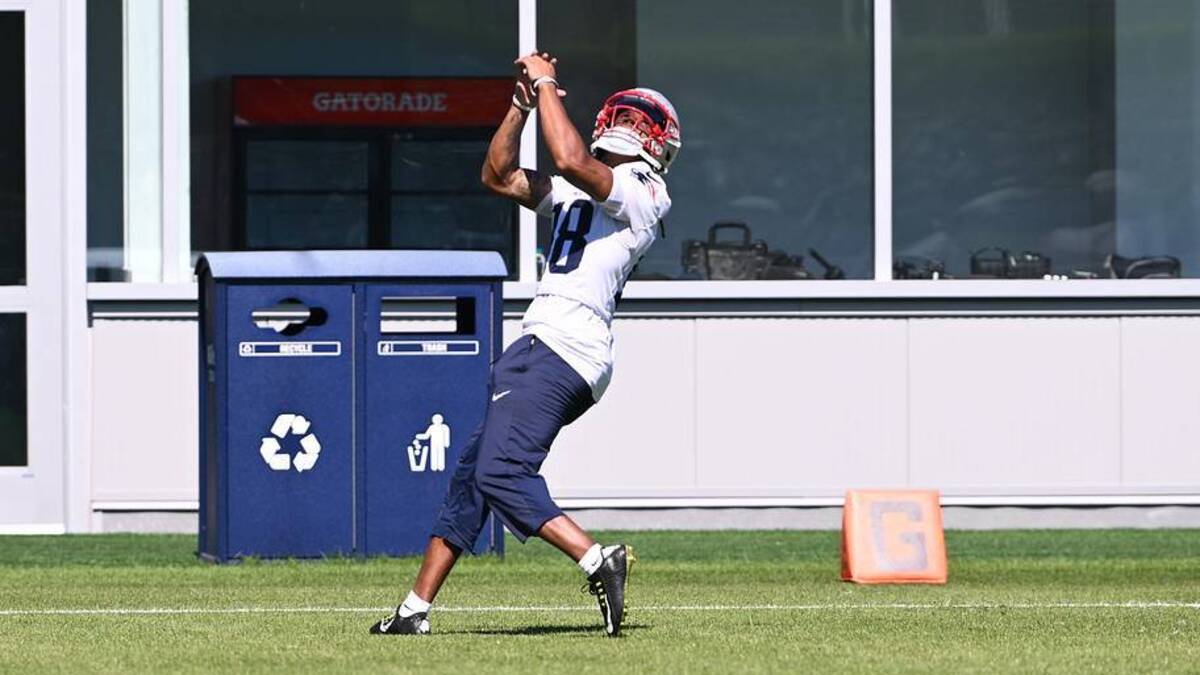  Jun 9, 2026; Foxborough, MA, USA; New England Patriots wide receiver Kyle Williams (18) tracks the ball at minicamp at Gillette Stadium. Mandatory Credit: Eric Canha-Imagn Images | Eric Canha-Imagn Images 