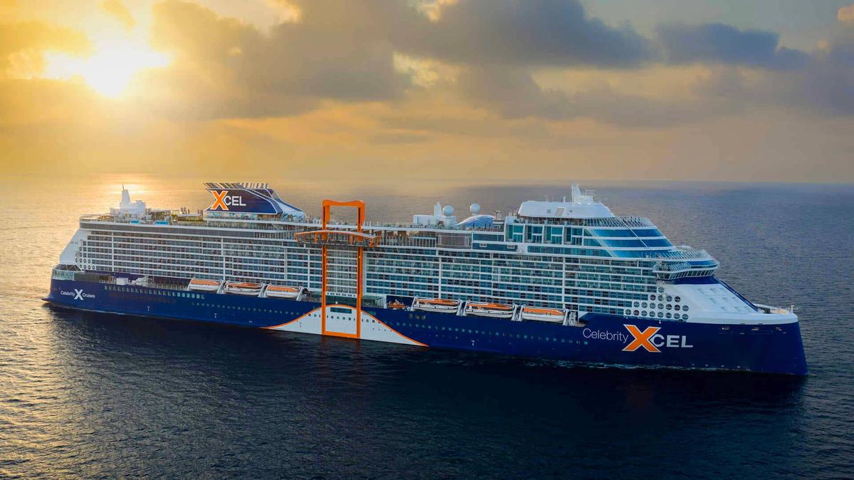 A side view of the Celebrity Xcel cruise ship at sea. 