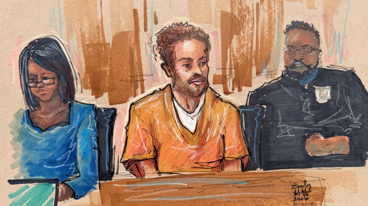 FILE PHOTO: Cole Tomas Allen, a suspect in the White House Correspondents' Association (WHCA) dinner shooting, sits in the courtroom during a hearing after being charged with attempting to assassinate U.S. President Donald Trump, in Washington D.C., U.S., April 30, 2026, in this courtroom sketch.    REUTERS/Emily Goff/File Photo
