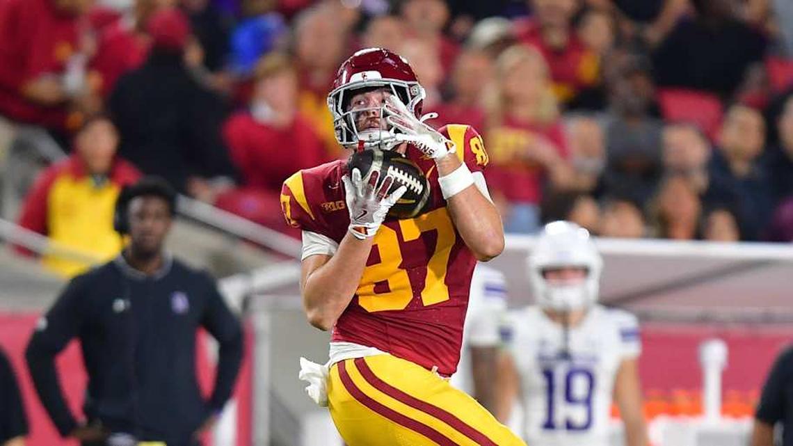  Nov 7, 2025; Los Angeles, California, USA; Southern California Trojans tight end Lake McRee (87) catches a pass against the Northwestern Wildcats during the first half at the Los Angeles Memorial Coliseum. Mandatory Credit: Gary A. Vasquez-Imagn Images | Gary A. Vasquez-Imagn Images 