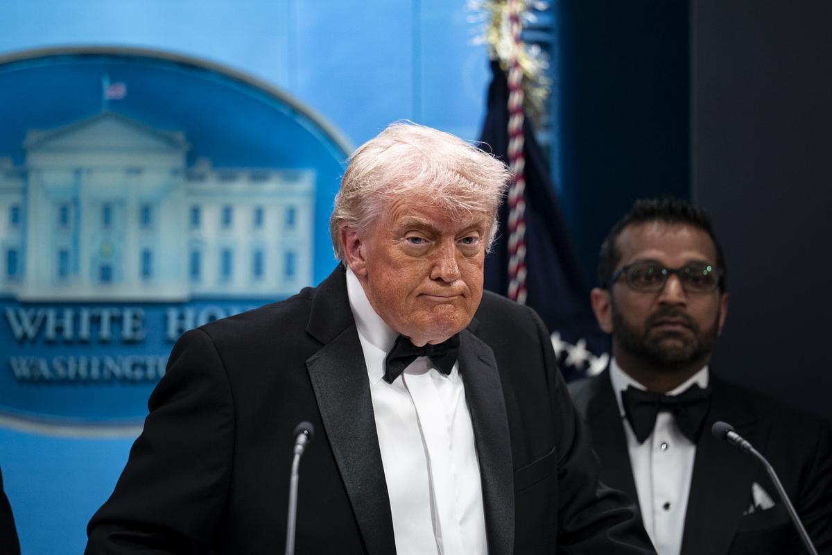  U.S. President Donald Trump speaks during a press conference in the Brady Briefing Room of the White House on April 25, 2026, in Washington, D.C. 