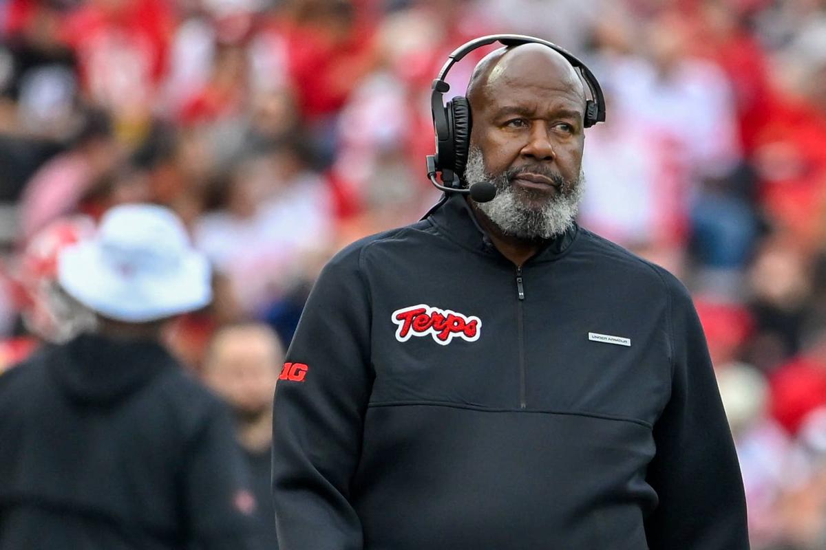  Maryland coach Mike Locksley walks the sidelines during the first half against Nebraska at SECU Stadium on Oct. 11, 2025, in College Park, Maryland. © Tommy Gilligan-Imagn Images