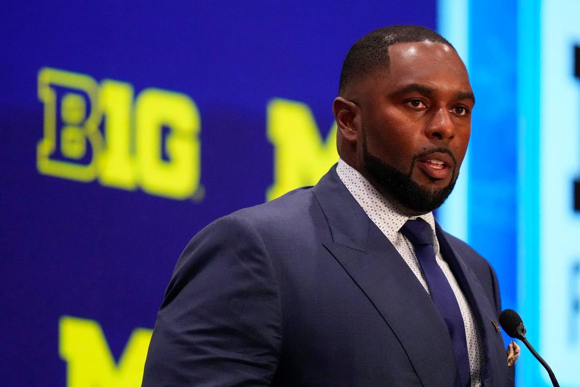 Jul 24, 2025; Las Vegas, NV, USA; Michigan head coach Sherrone Moore speaks to the media during the Big Ten NCAA college football media days at Mandalay Bay Resort. Mandatory Credit: Lucas Peltier-Imagn Images 