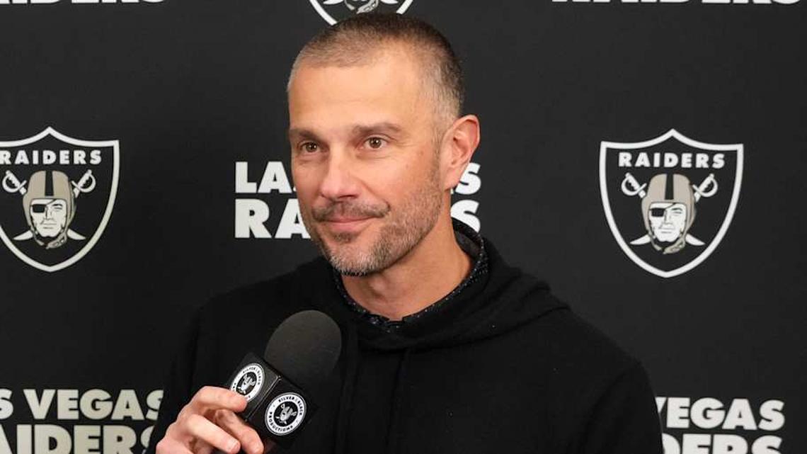  Feb 25, 2025; Indianapolis, IN, USA; Las Vegas Raiders general manager John Spytek (right) is interviewed by Raiders.com senior writer Eddie Paskal on radio row during the NFL Scouting Combine at the Indiana Convention Center. Mandatory Credit: Kirby Lee-Imagn Images | Kirby Lee-Imagn Images 
