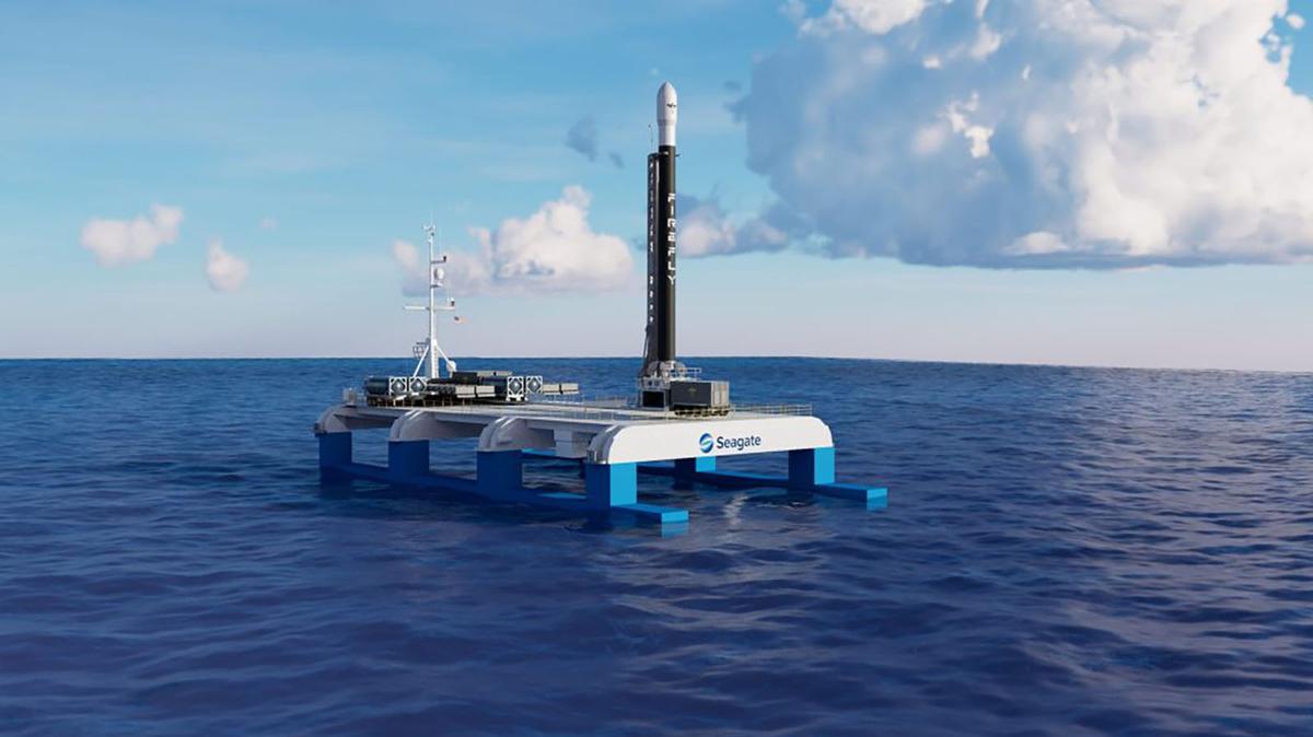 This rendering shows the proposed Seagate Space ocean-based launch platform with a Firefly Aerospace rocket. The companies in April 2026 signed a memorandum of understanding to collaborate on the development of an offshore launch platform. (Seagate Space/TNS)