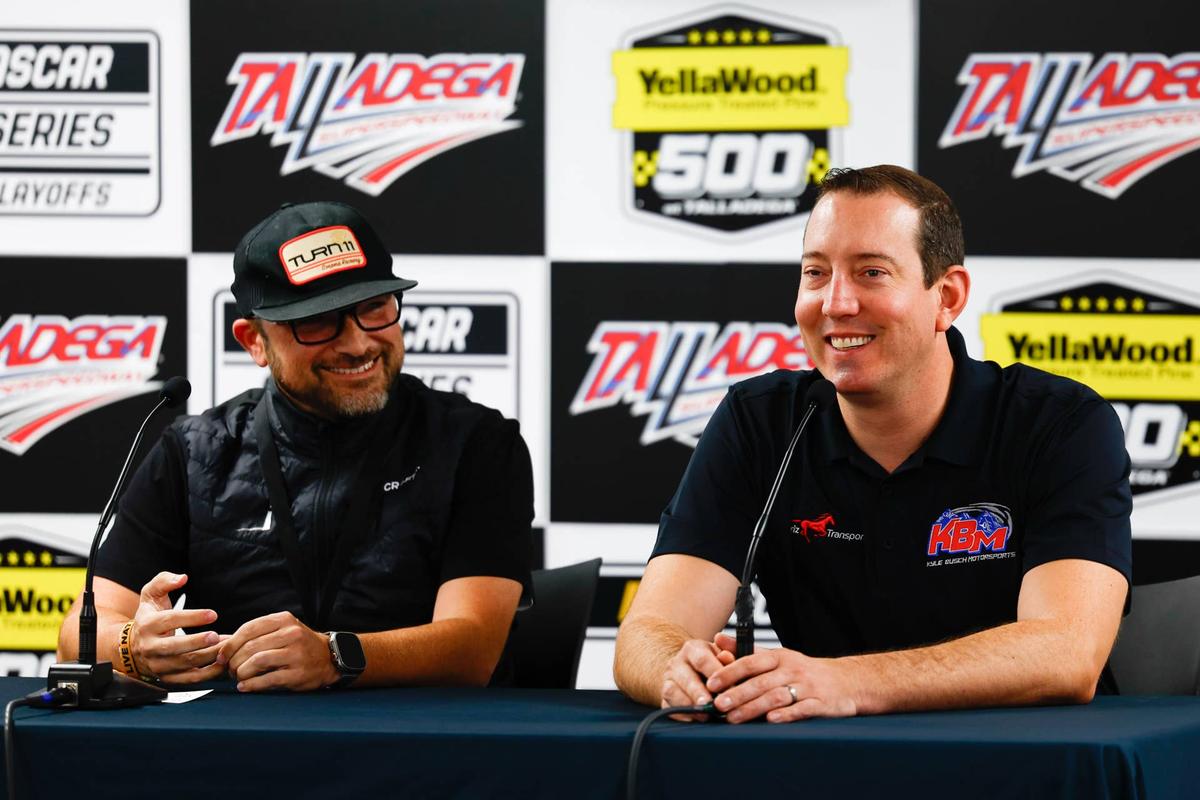  Sep 30, 2023; Talladega, Alabama, USA; NASCAR Cup Series driver Kyle Busch (8) speaks to the media at Talladega Superspeedway. Mandatory Credit: Douglas DeFelice-USA TODAY Sports 