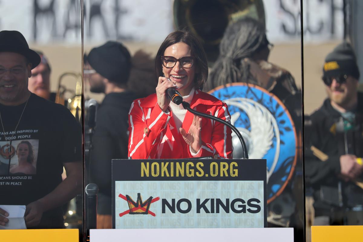  Lieutenant Governor Peggy Flanagan speaks onstage as Hundreds of Thousands Protest as part of the No Kings Rallies on March 28 in St. Paul, Minnesota. (Photo by Adam Bettcher/Getty Images for No Kings) 