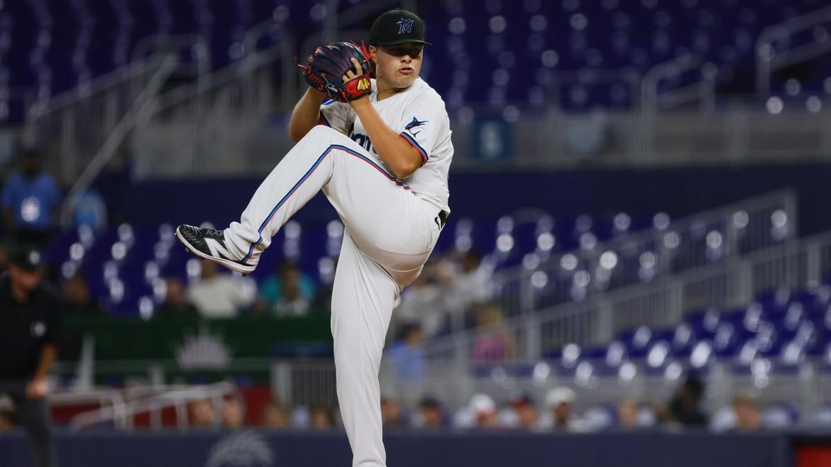 Sep 4, 2024; Miami, Florida, USA; Miami Marlins starting pitcher Valente Bellozo (83) delivers a pitch against the Washington Nationals during the first inning at loanDepot Park. Mandatory Credit: Sam Navarro-Imagn Images