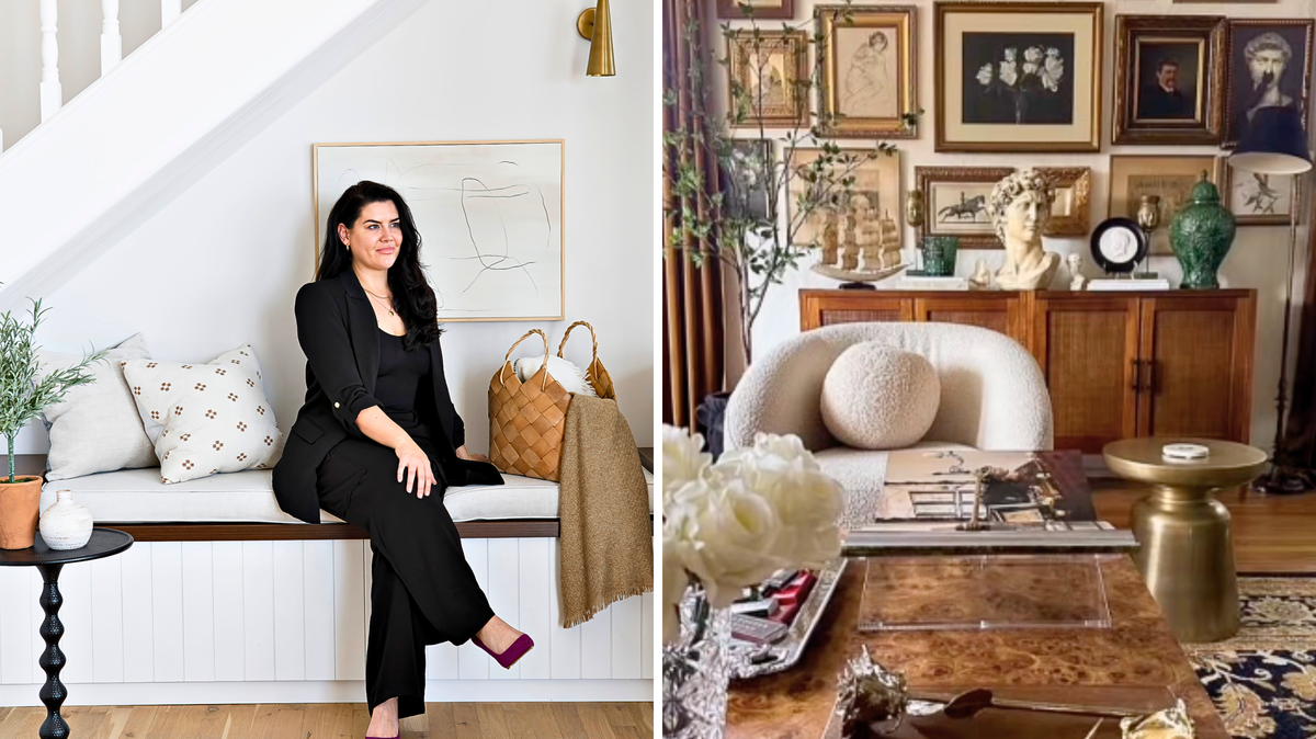 From left: Aoife Maria Tobin sits on a bench; and an image of a home decorated in "granny chic" style. 