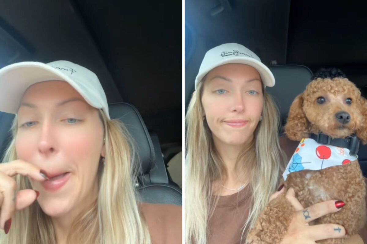  Screenshots from a May 8 TikTok video of an owner reacting to her dog’s haircut after she made an unusual request to the groomer. 