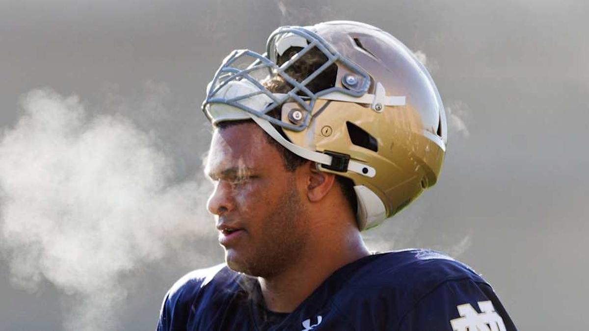  Notre Dame offensive lineman Charles Jagusah during a Notre Dame football spring practice at Irish Athletic Center on Wednesday, March 26, 2025, in South Bend. | MICHAEL CLUBB/SOUTH BEND TRIBUNE / USA TODAY NETWORK via Imagn Images 