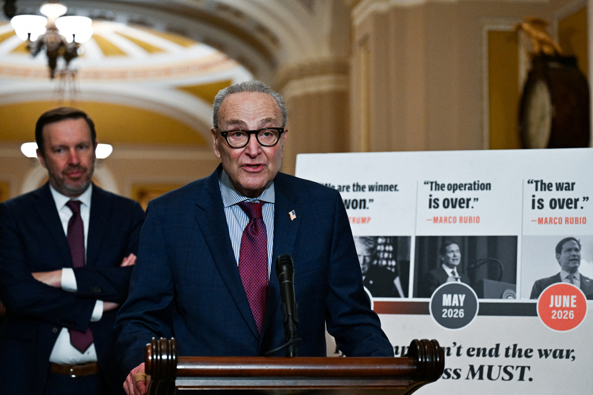 Senate Minority Leader Chuck Schumer (D-NY) speaks as Senate Democratic leaders hold a press conference following their weekly policy lunch on Capitol Hill in Washington, D.C., U.S., June 16, 2026. REUTERS/Annabelle Gordon