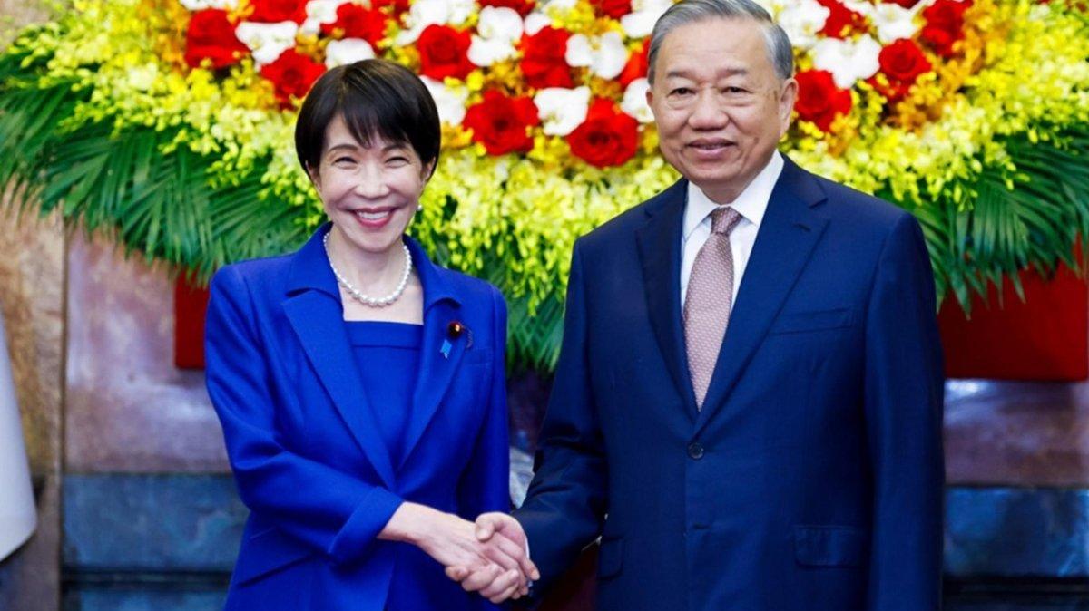Vietnamese President and General Secretary of the Communist Party To Lam (R) shakes hands with Japanese Prime Minister Sanae Takaichi (L) during their meeting at the Presidential Palace in Hanoi, Vietnam 02 May 2026. Photo by LUONG THAI LINH / EPA