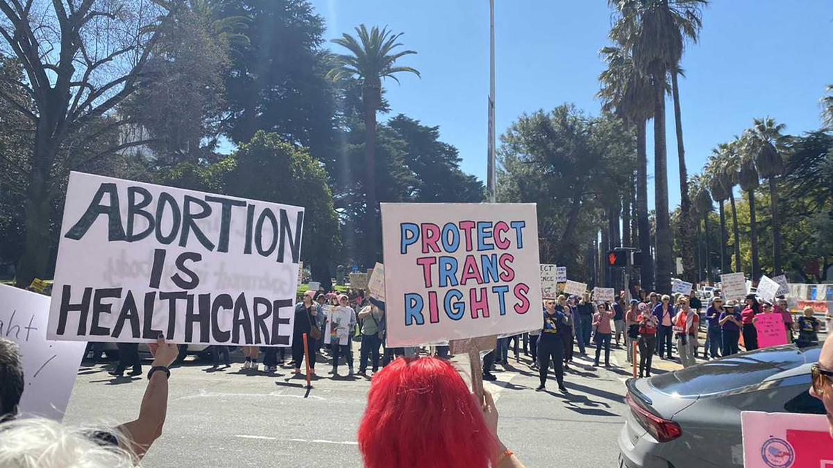 Dawn Pedersen on Saturday, March 8, 2025, holds a "Protect Trans Rights" protest sign as she participates in an International Women's Day demonstration at the corner of L and 10th streets in downtown Sacramento, California. (Rosalio Ahumada/The Sacramento Bee/TNS)