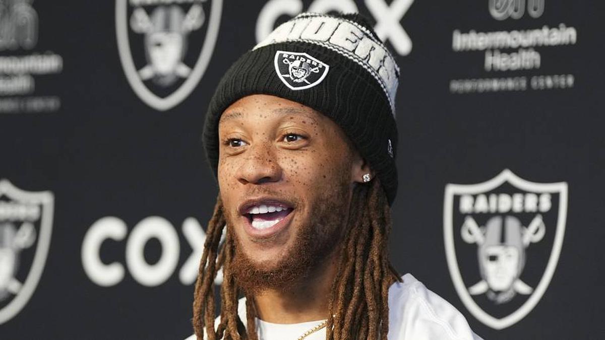  May 20, 2026; Henderson, NV, USA; Las Vegas Raiders cornerback Eric Stokes (5) speaks during a news conference during organized team activities at Intermountain Health Performance Center. Mandatory Credit: Candice Ward-Imagn Images | Candice Ward-Imagn Images 