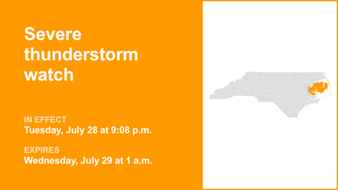 Severe thunderstorm watch for Eastern North Carolina until 1 a.m. Wednesday 