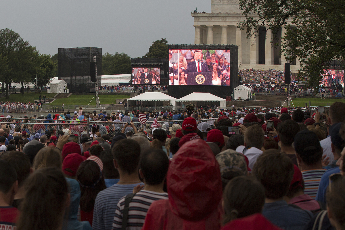  U.S. President Donald Trump is shown on a screen as he speaks during the “Salute to America” Fourth of July event at the Lincoln Memorial in Washington, DC, July 4, 2019. 