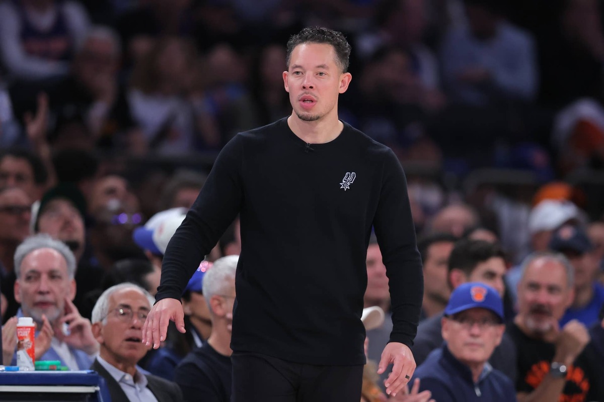  Jun 10, 2026; New York, New York, USA; San Antonio Spurs head coach Mitch Johnson looks on in the second quarter against the New York Knicks during game four of the 2026 NBA Finals at Madison Square Garden. Mandatory Credit: Brad Penner-Imagn Images 