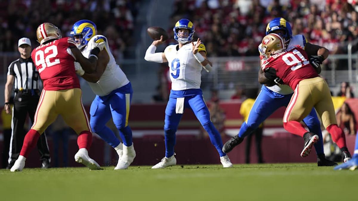  Nov 9, 2025; Santa Clara, California, USA; Los Angeles Rams quarterback Matthew Stafford (9) throws a pass during the first quarter against the San Francisco 49ers at Levi's Stadium. Mandatory Credit: Kyle Terada-Imagn Images | Kyle Terada-Imagn Images 